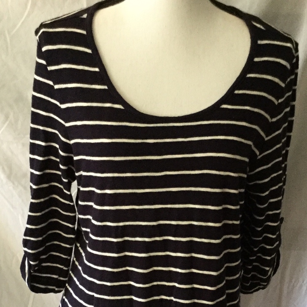 PERUNA 3/4 Sleeve Black white striped sweater crew